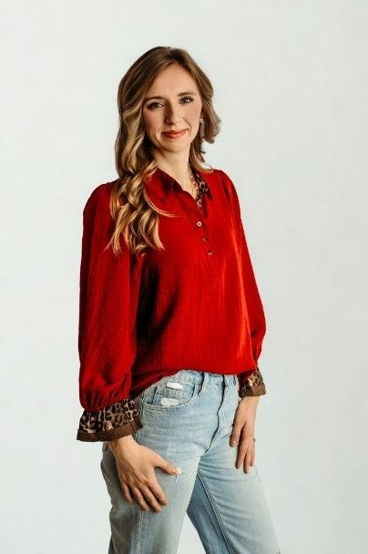 Burgundy Cheetah Detail Blouse
