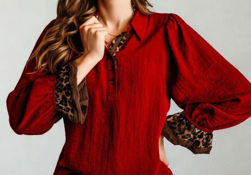 Burgundy Cheetah Detail Blouse