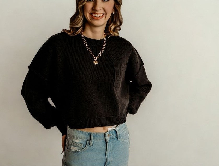 Black Cropped Pocket Sweater