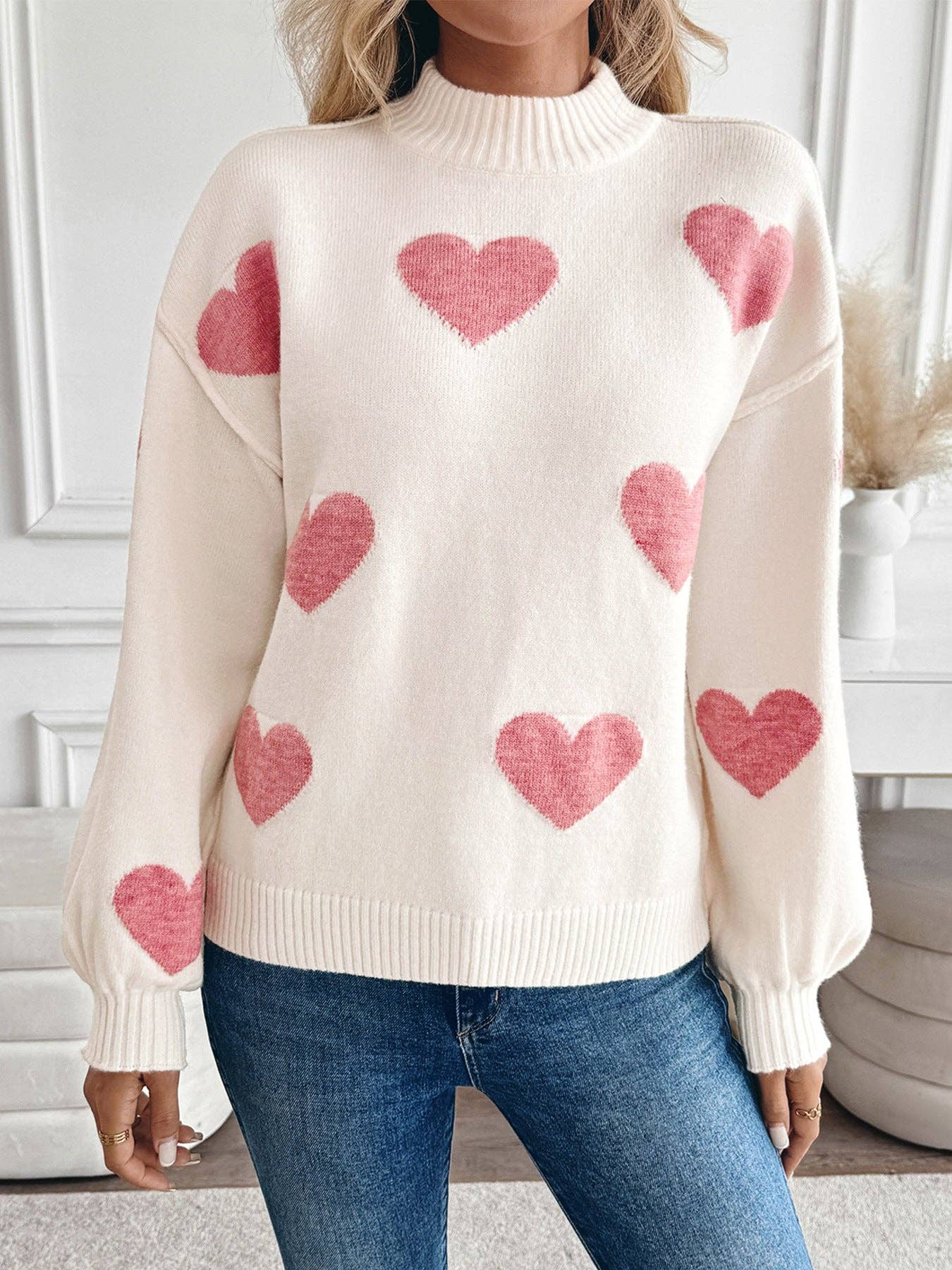 Pink Heart Knit Sweater Half Turtleneck Casual Pullover