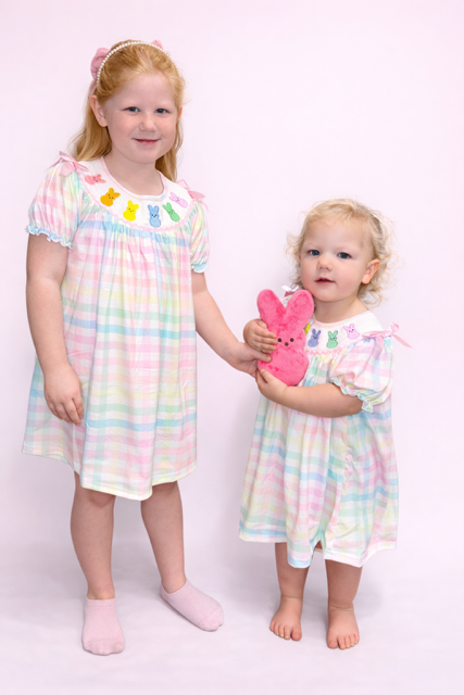 Easter Bunny Embroidery Girls Pink Plaid Bow Dress