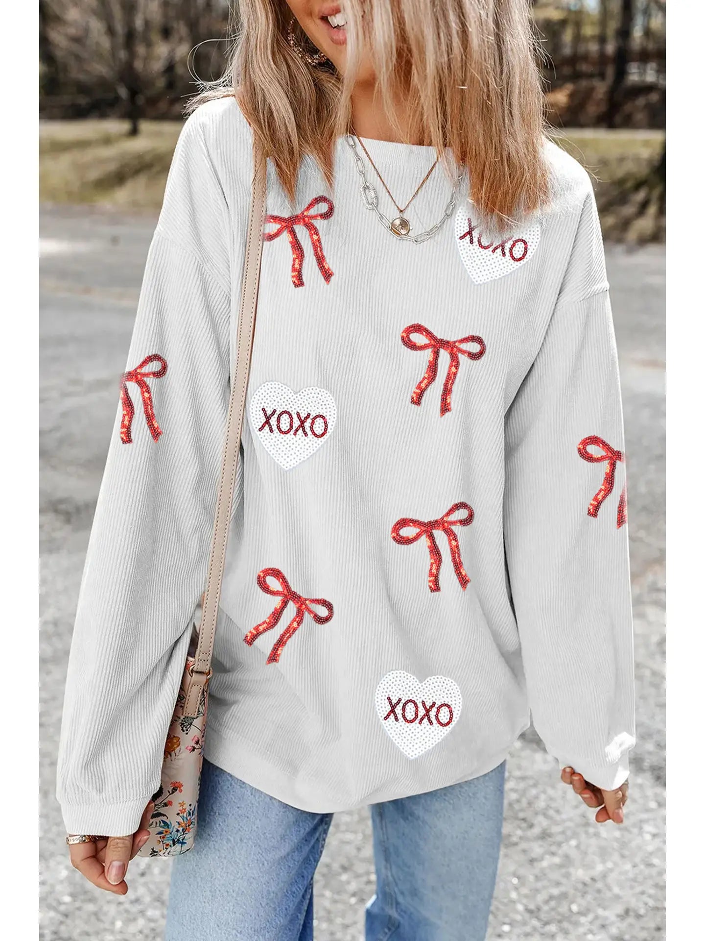Valentines Bow Xoxo Sequin Patch Corded Sweatshirt