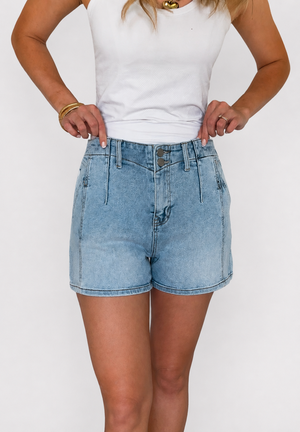Double Button High Rise Denim Shorts