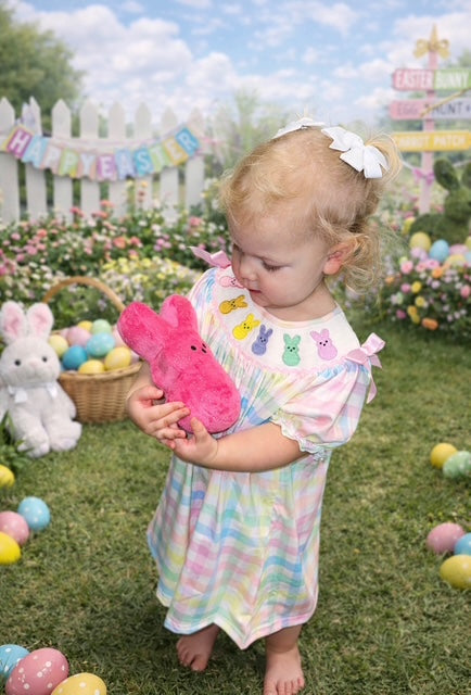 Easter Bunny Embroidery Girls Pink Plaid Bow Dress