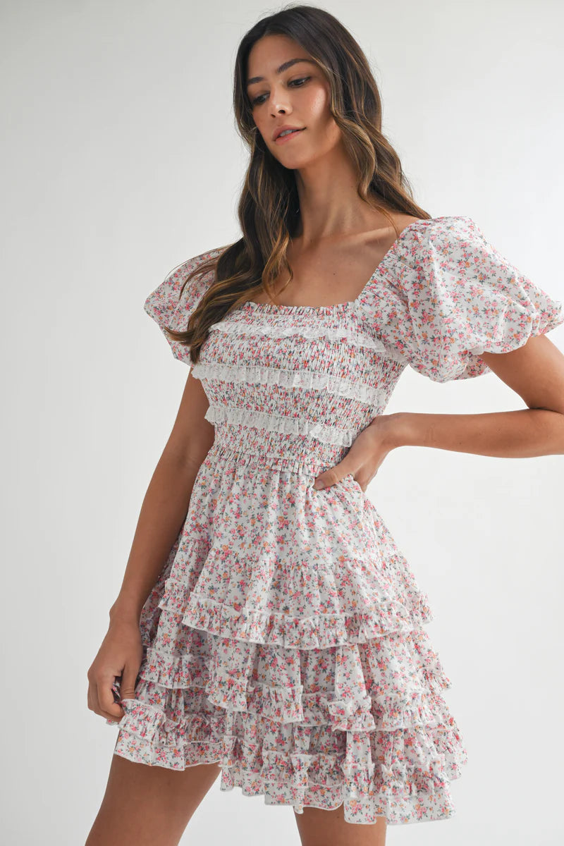 SABRIEL FLORAL LACE TRIM MINI DRESS WITH SKIRT RUFFLE