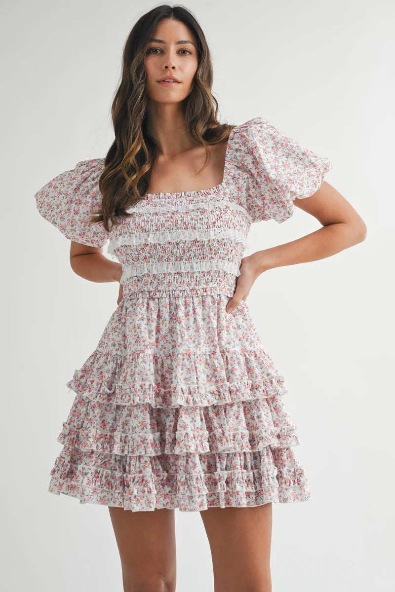 SABRIEL FLORAL LACE TRIM MINI DRESS WITH SKIRT RUFFLE