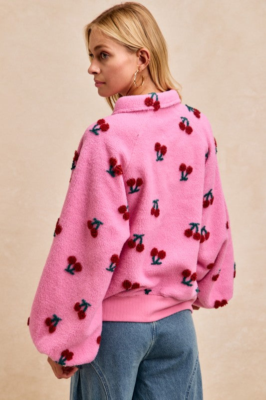 Cherry Patterned Sherpa Snap Buttoned Top