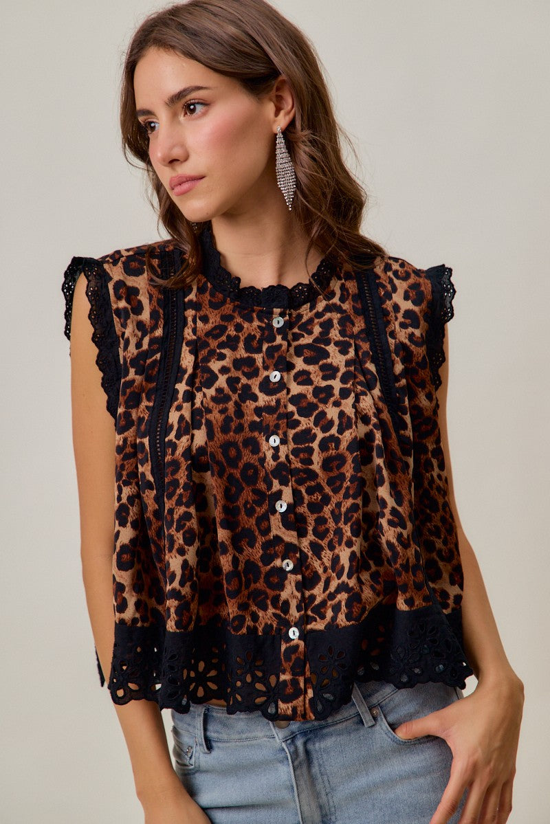 Leopard Lace Trim Blouse