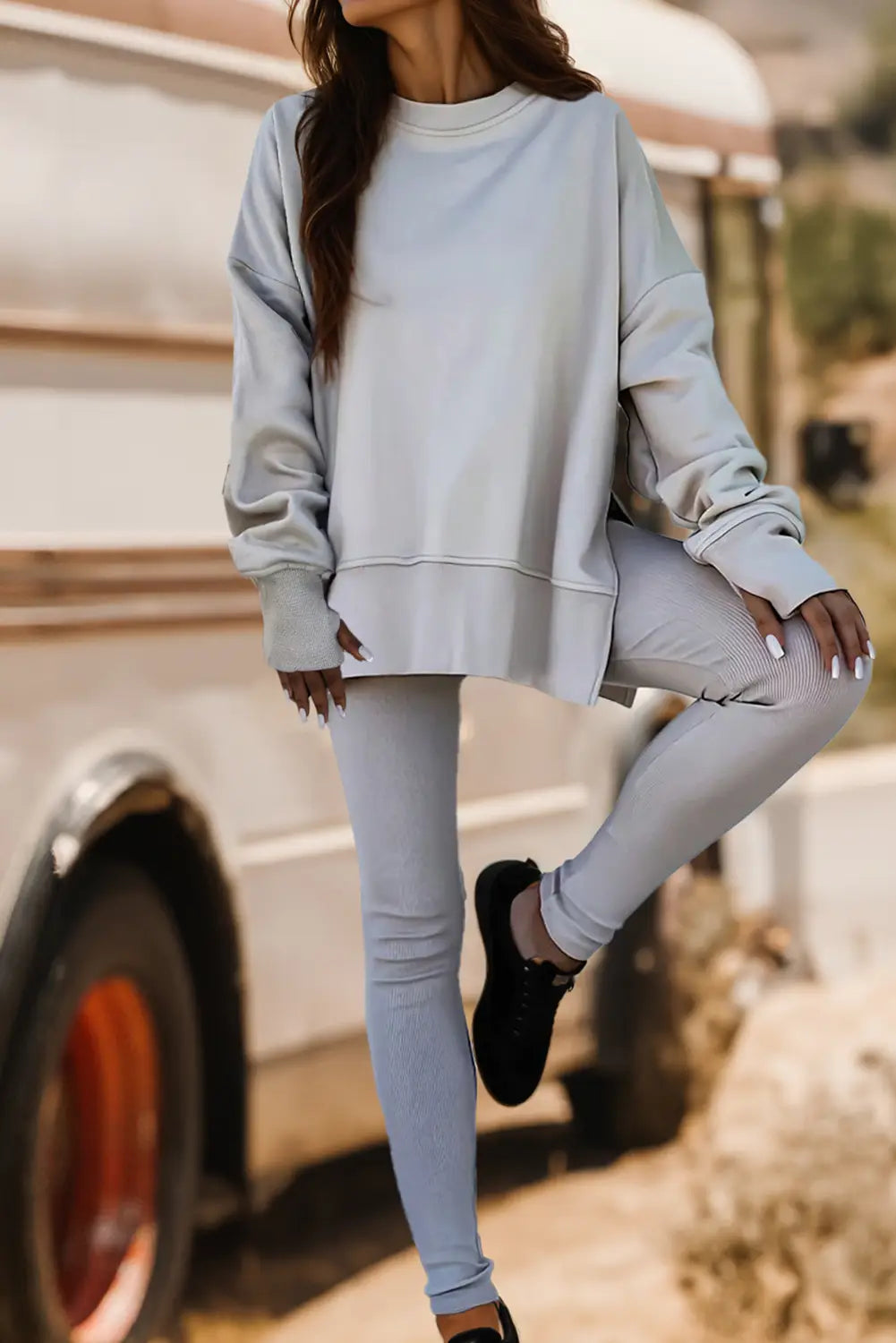 Fashion-W Oversize Slit Sweatshirt Ribbed Leggings 2pcs Set