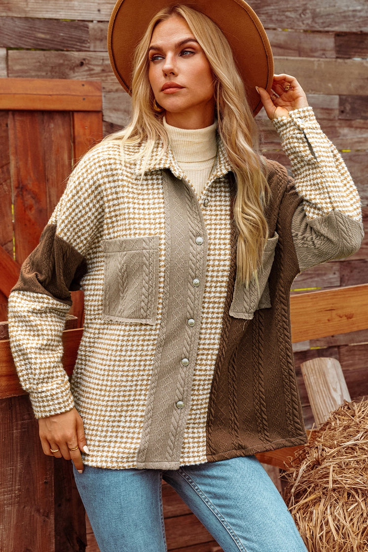Houndstooth Contrast Texture Patchwork Loose Shacket