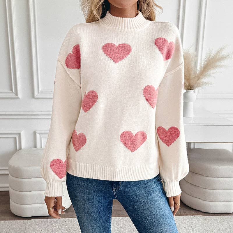 Pink Heart Knit Sweater Half Turtleneck Casual Pullover