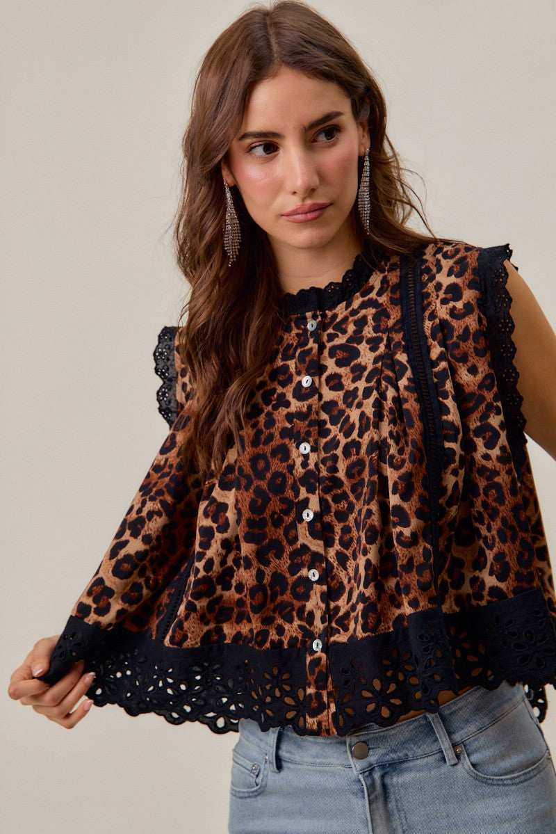 Leopard Lace Trim Blouse