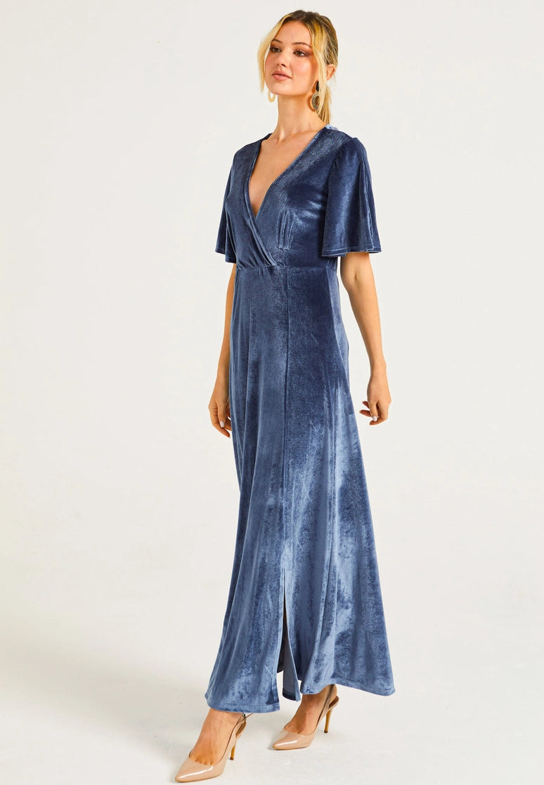 Velvet Flutter Sleeve Faux Wrap Dress with Slit in Grey
