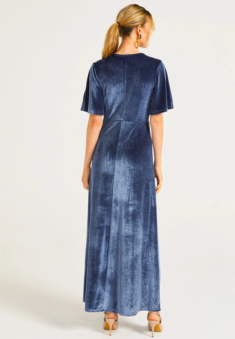 Velvet Flutter Sleeve Faux Wrap Dress with Slit in Grey