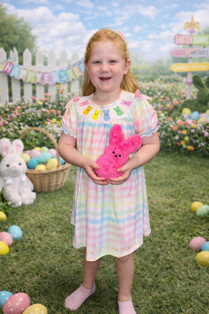 Easter Bunny Embroidery Girls Pink Plaid Bow Dress