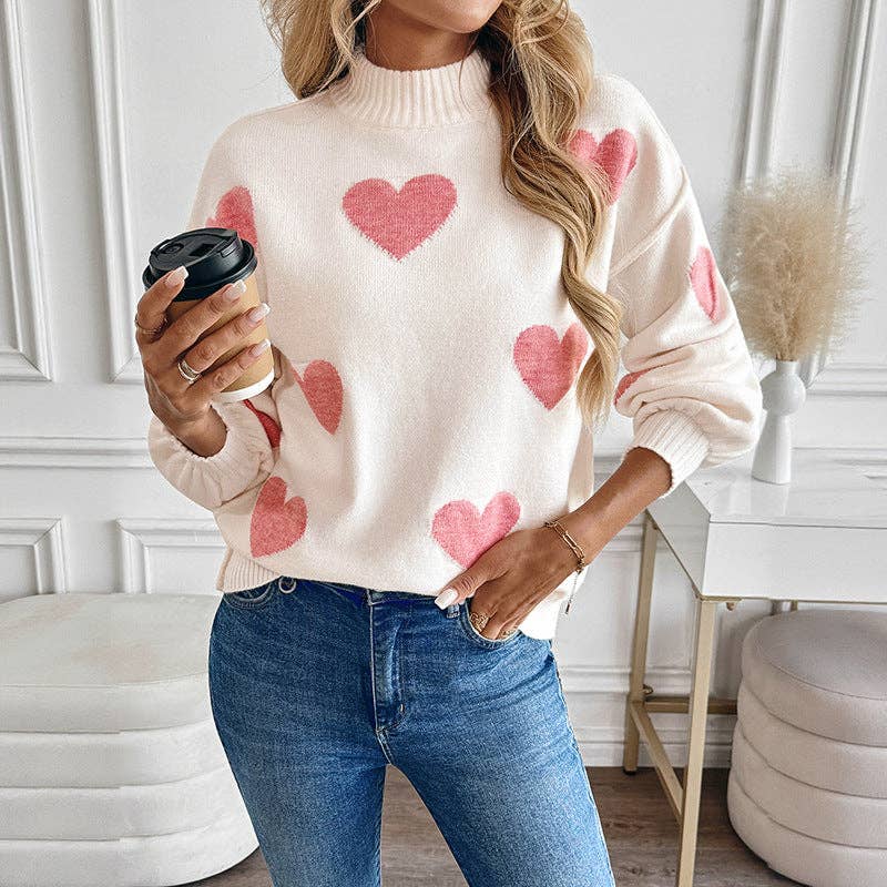 Pink Heart Knit Sweater Half Turtleneck Casual Pullover