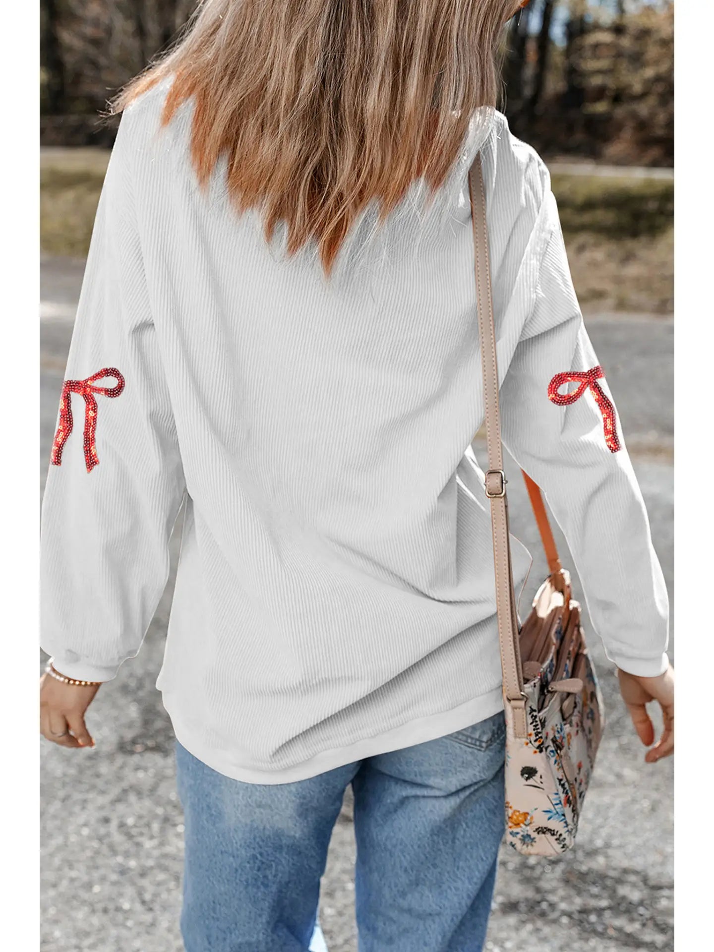 Valentines Bow Xoxo Sequin Patch Corded Sweatshirt